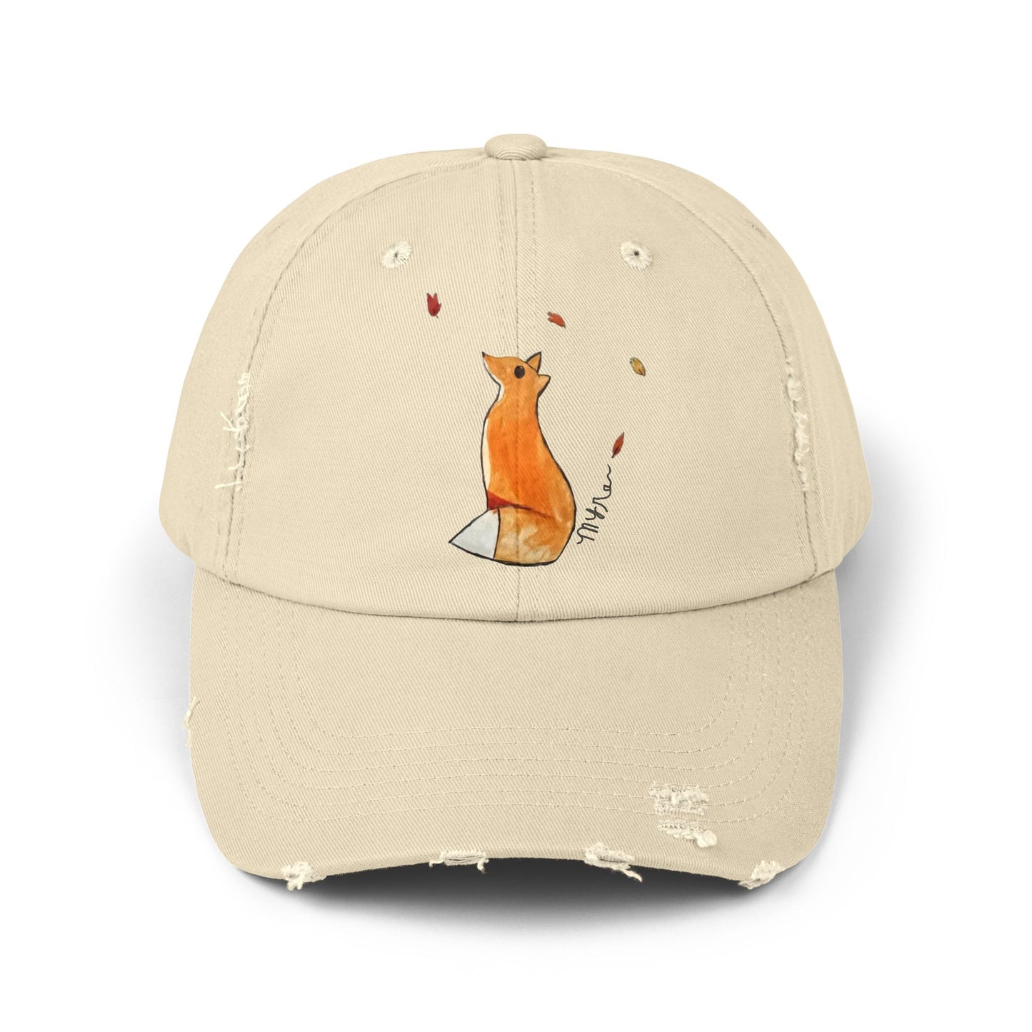 Whimsical Fox & Leaves - Distressed Cap - Casual Unisex Hat for Nature Lovers