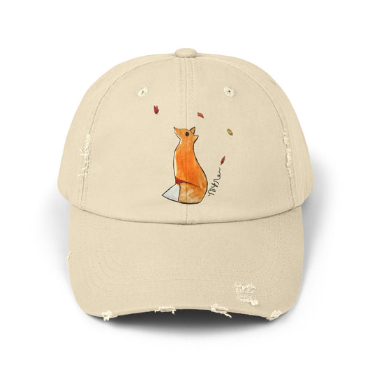 Whimsical Fox & Leaves - Distressed Cap - Casual Unisex Hat for Nature Lovers