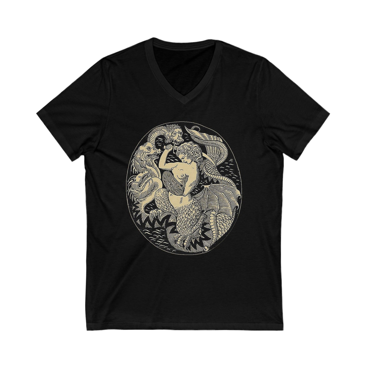 Warsaw Mermaid Black Graphic V-Neck Tee Siren slaying Hydra