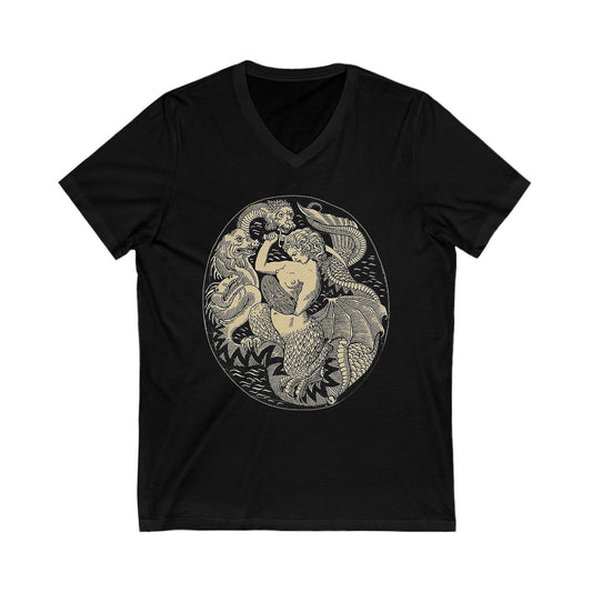 Warsaw Mermaid Black Graphic V-Neck Tee Siren slaying Hydra