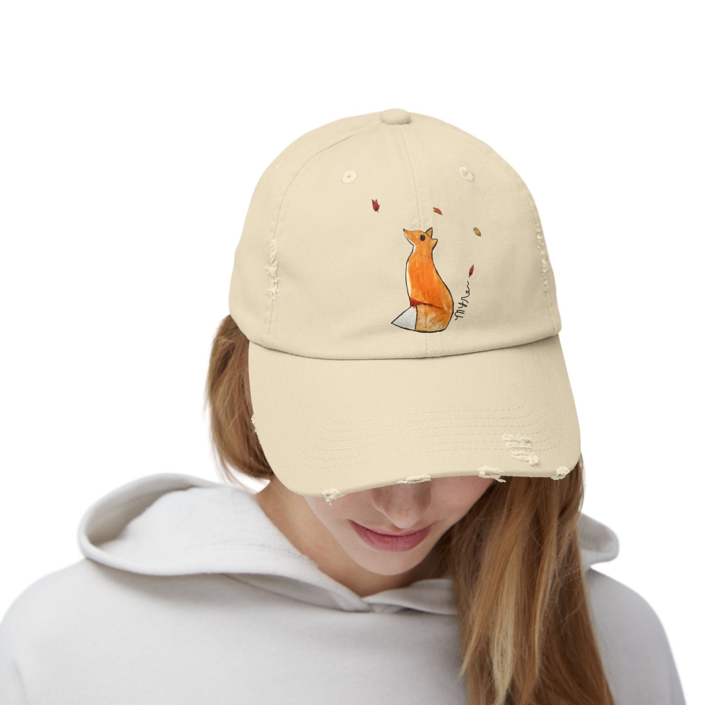 Whimsical Fox & Leaves - Distressed Cap - Casual Unisex Hat for Nature Lovers