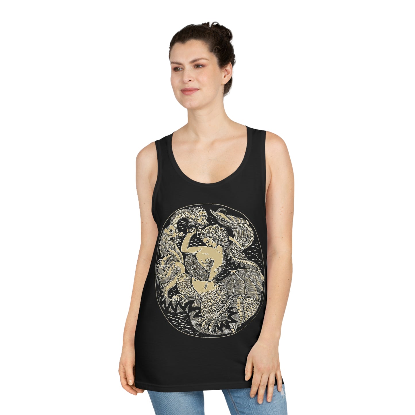 Warsaw Mermaid Black Graphic Tank Top Tee Siren slaying Hydra