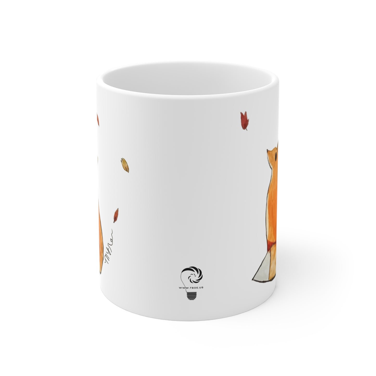 Whimsical Fox & Leaves - Original Artwork - 11oz Ceramic Coffee Cup