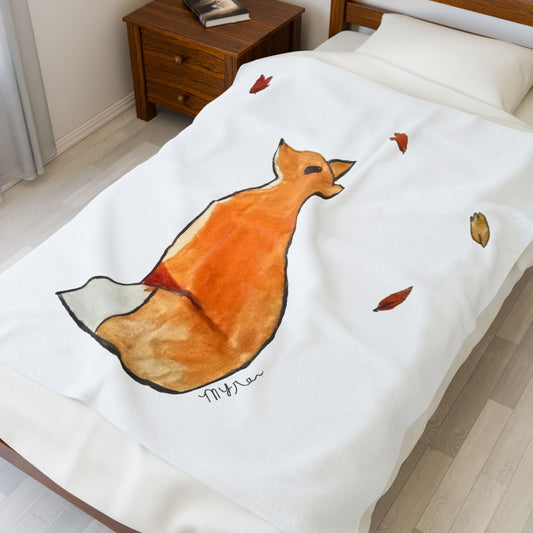 Whimsical Fox & Leaves - Velveteen Plush Blanket - Decor