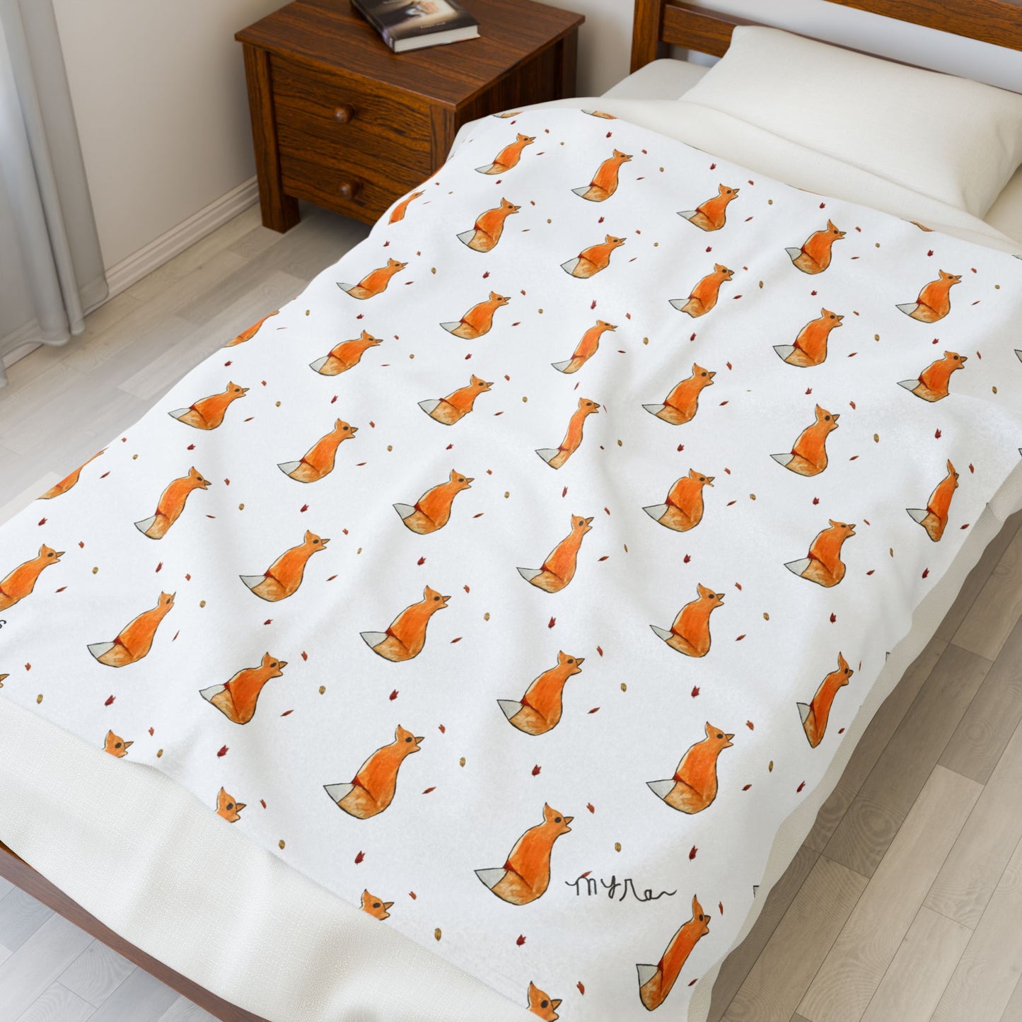 Whimsical Fox & Leaves - Pattern - Velveteen Plush Blanket - Decor