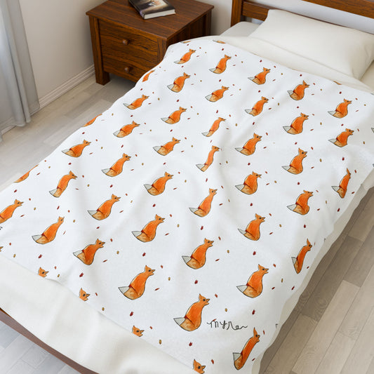 Whimsical Fox & Leaves - Pattern - Velveteen Plush Blanket - Decor