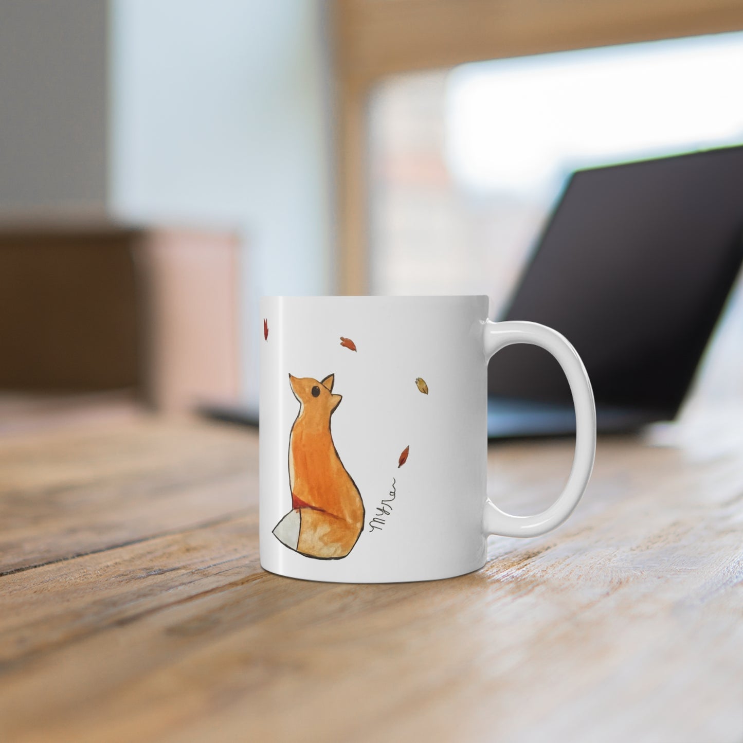 Whimsical Fox & Leaves - Original Artwork - 11oz Ceramic Coffee Cup