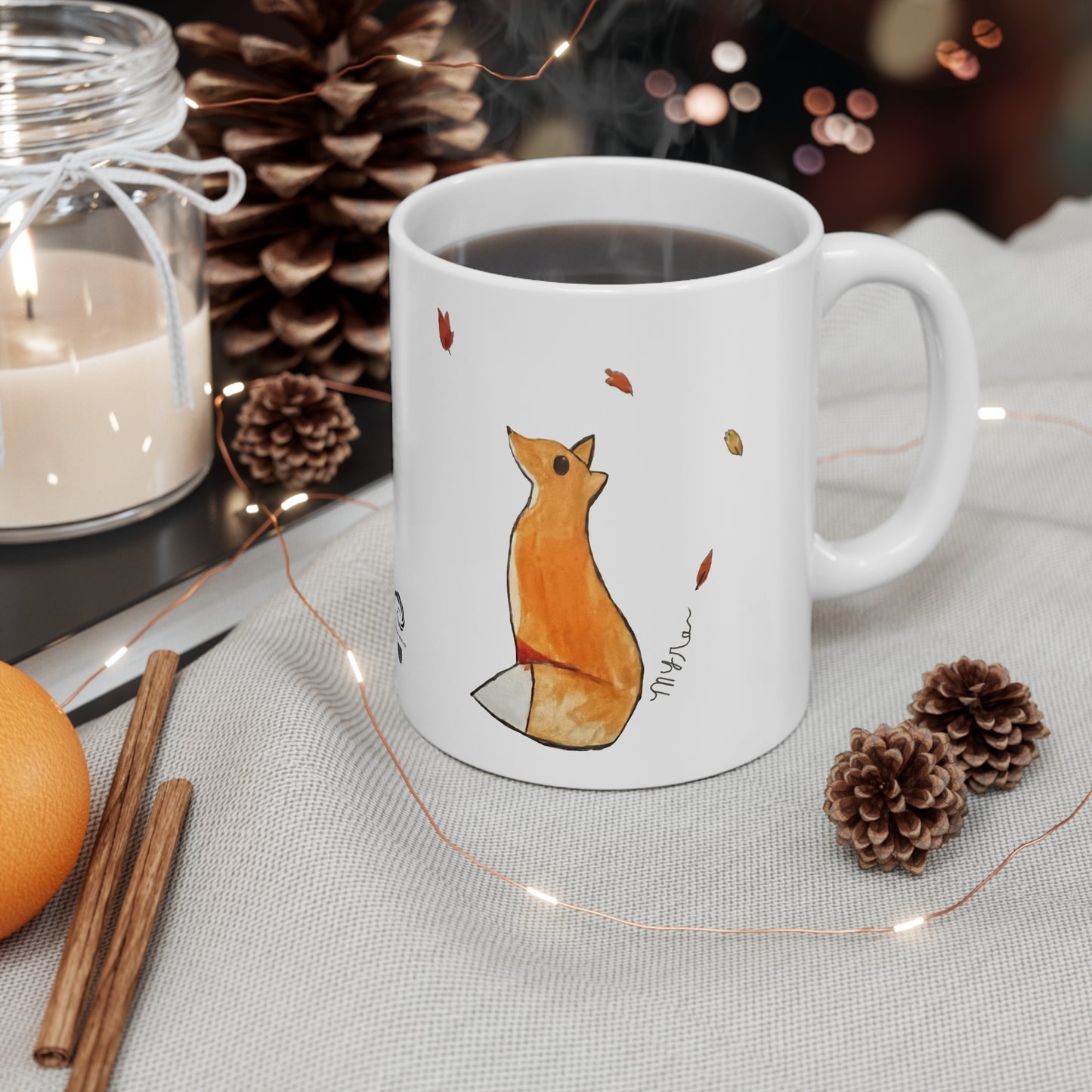 Whimsical Fox & Leaves - Original Artwork - 11oz Ceramic Coffee Cup