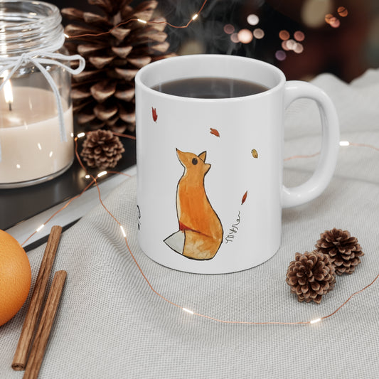 Whimsical Fox & Leaves - Original Artwork - 11oz Ceramic Coffee Cup