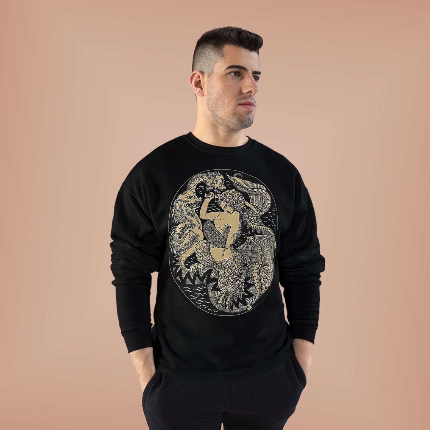 Warsaw Mermaid Black Graphic Sweatshirt Siren slaying Hydra