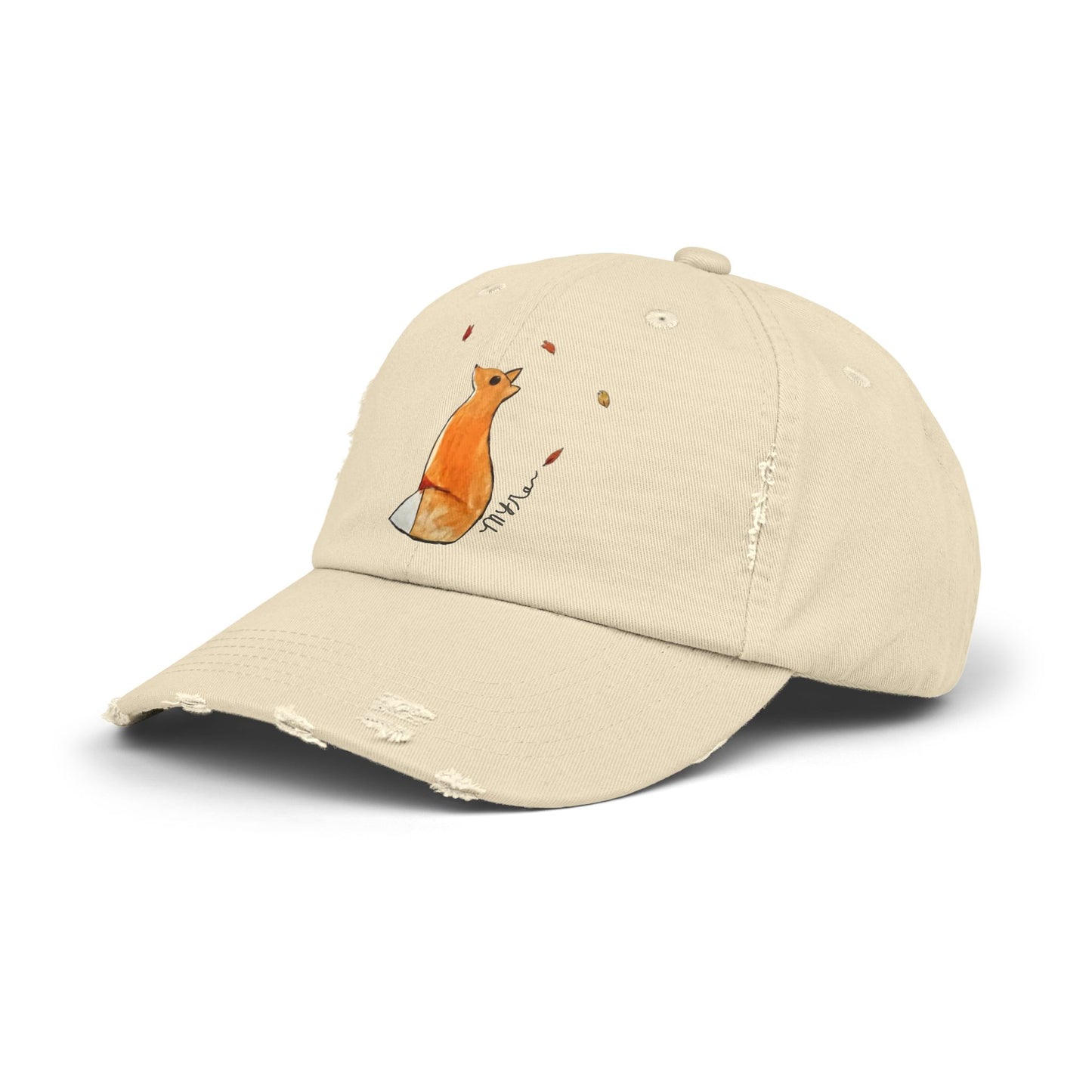 Whimsical Fox & Leaves - Distressed Cap - Casual Unisex Hat for Nature Lovers