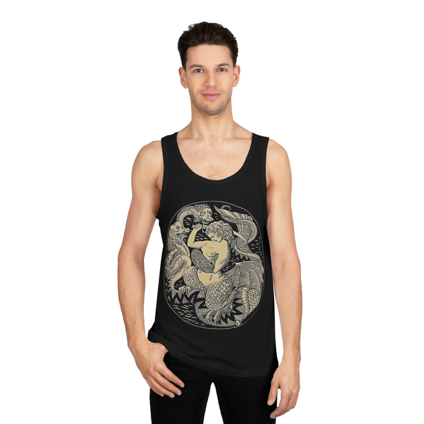 Warsaw Mermaid Black Graphic Tank Top Tee Siren slaying Hydra